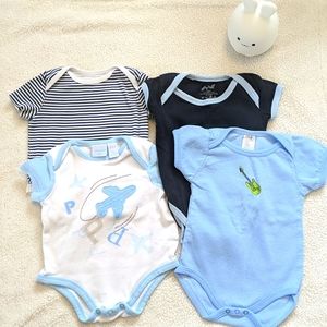 Four pack baby bodysuits, short sleeve, blue theme, various brands
